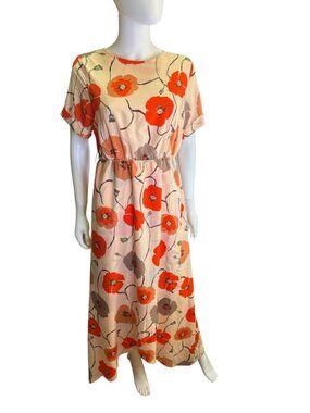 Roolee Womens Floral Maxi Dress Beige Orange Poppy Print Polyester Spring M NWT